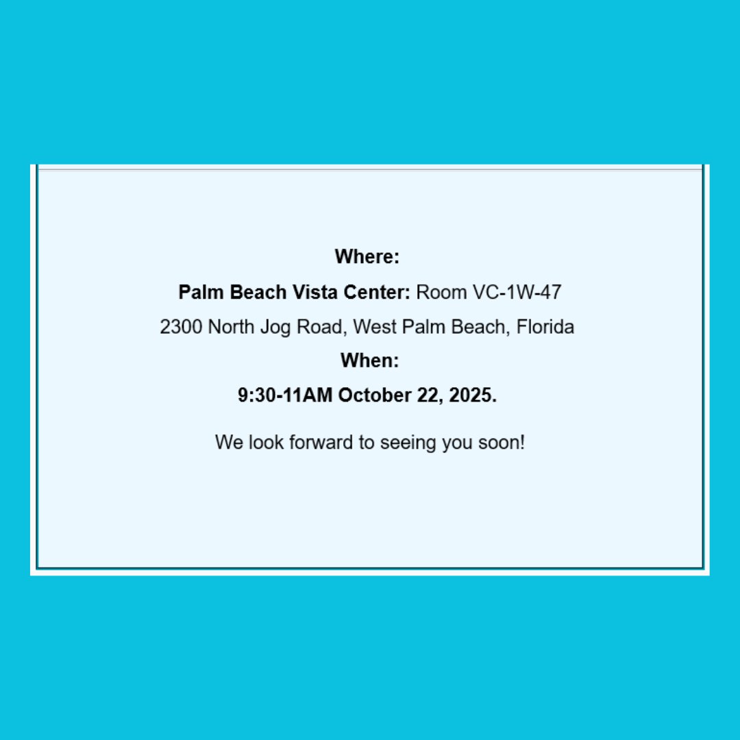 Hello Everyone!  We are holding our October Palm Beach Countywide GIS Forum Meeting, Wednesday, October 22, 2025, at the Palm Beach Vista Center.  The meeting will begin at 9:30 AM