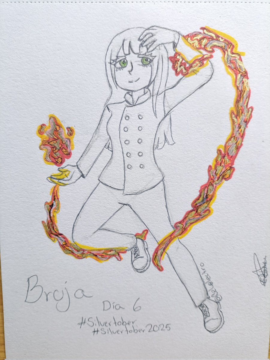 celi_electro's tweet photo. Estoy haciendo el reto de octubre con otra lista el Silvertober, el día 6 tocó bruja y  pensé en Polka con su elemento de lava, me gustaría pasarlo después a digital. (me fallan los pies, pero doy lo mejor de mi)
P.D. que gran historia de @Commodorette ❤️ https://t.co/w72LpTSNOo