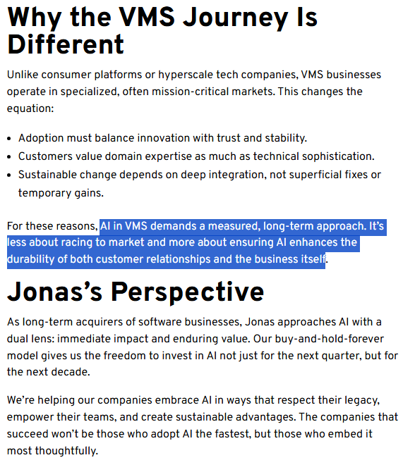 $CSU.TO

"AI in VMS demands a measured, long-term approach. It’s less about racing to market and more about ensuring AI enhances the durability of both customer relationships and the business itself"