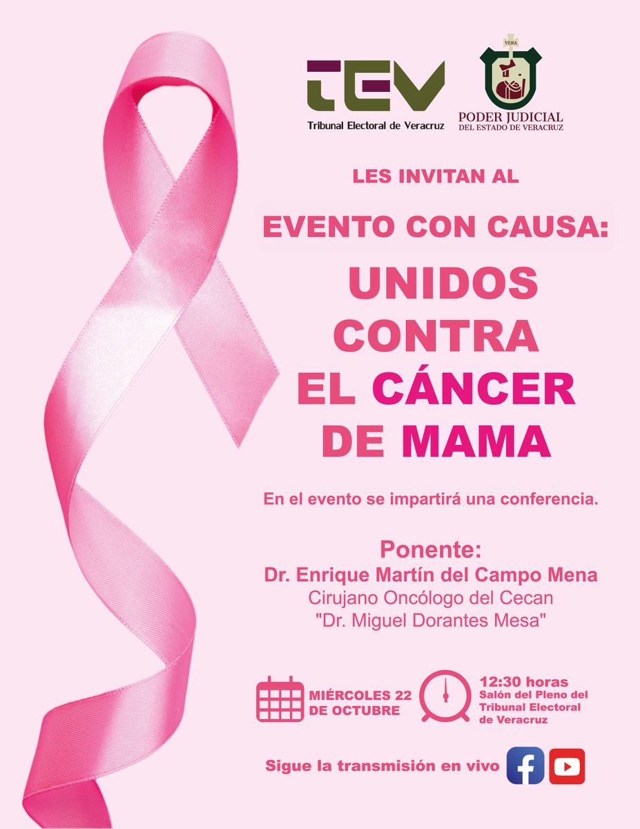 El Poder Judicial del Estado, en coordinación con el TEV, tienen el agrado de invitarles al "Evento con Causa: Unidos Contra el Cáncer de Mama", en donde el Dr. Enrique Martín del Campo Mena, impartirá una conferencia relativa a este importante tema.

🩷 ¡Acompáñanos!