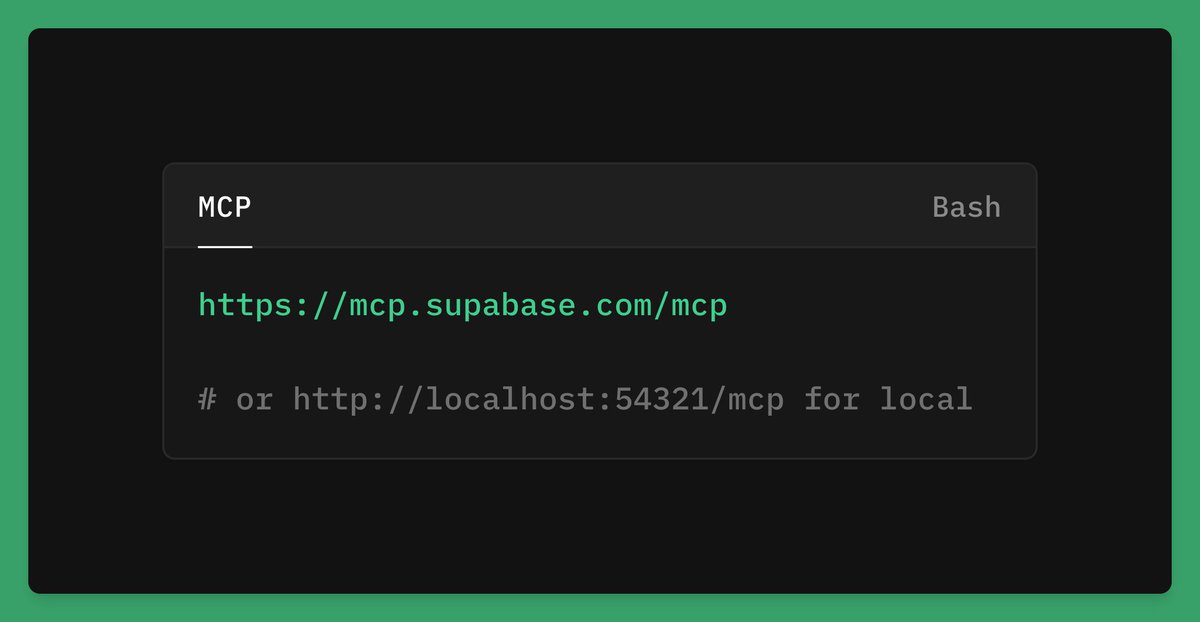 supabase's tweet image. Now all you need is a single URL to connect your favorite AI agent to Supabase: