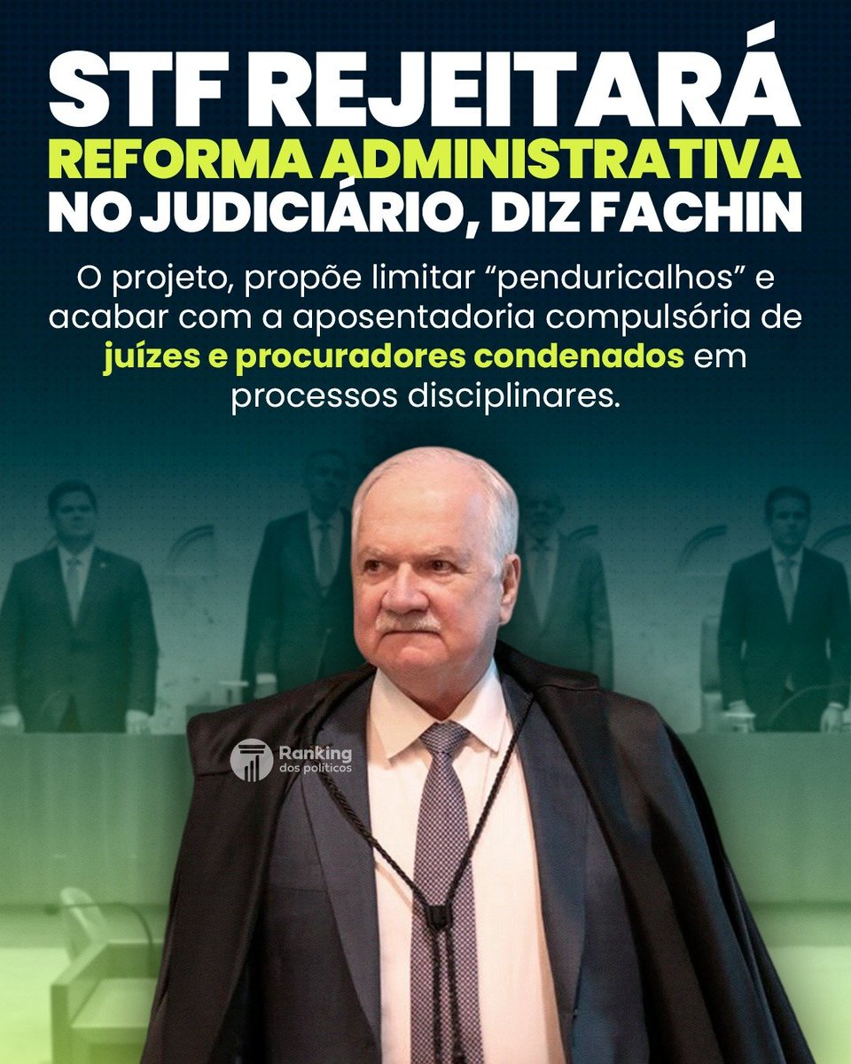 LuanSperandio's tweet image. A Reforma Administrativa quer acabar com privilégios:

- Fim da “aposentadoria-prêmio” para juízes punidos
- Redução das férias de 60 dias
- Limite para supersalários

Mas o ministro Edson Fachin diz que “ninguém pode fazer reforma contra o Judiciário”...

Pode sim. E deve!!