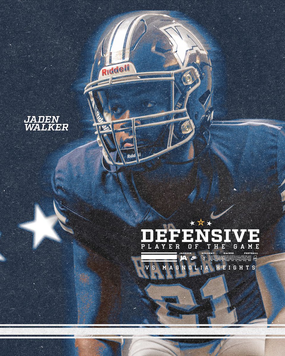 JARaiderFB's tweet photo. Week 6 Players of The Game vs Magnolia Heights

OVR - TJ White - 7 Tackles (all Solo), 2 TFL, 1 Sack, 1 QBH

OFF - Aaric Beasley - 9car, 84yds, 3 TD

DEF - Jaden Walker - 4 Tackles, 1 TFL, 1 Sack, 1 QBH

ST - Austin Clark - Blocked Punt, 3 Tackles and 10car, 52 yds

#WeAreJA https://t.co/pd2SXc48B2