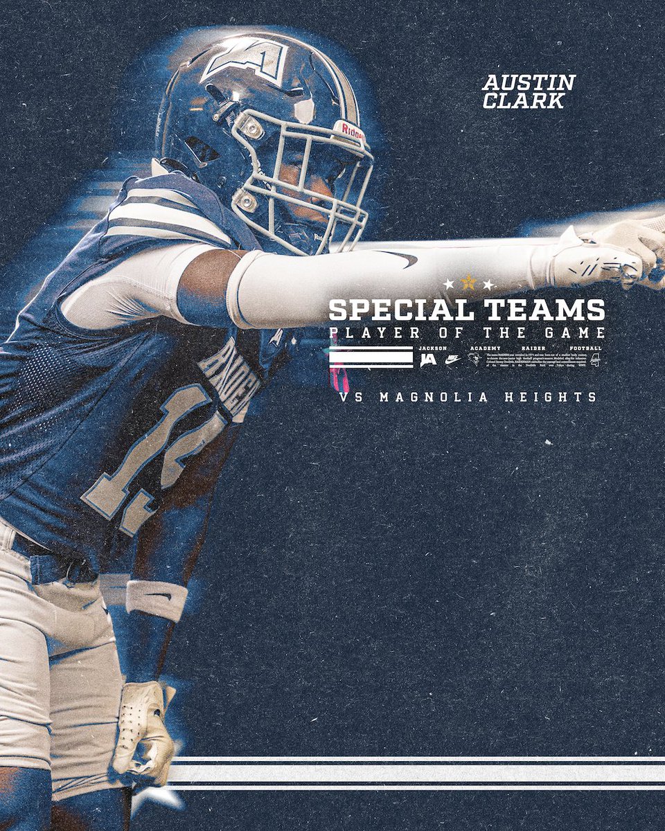 JARaiderFB's tweet photo. Week 6 Players of The Game vs Magnolia Heights

OVR - TJ White - 7 Tackles (all Solo), 2 TFL, 1 Sack, 1 QBH

OFF - Aaric Beasley - 9car, 84yds, 3 TD

DEF - Jaden Walker - 4 Tackles, 1 TFL, 1 Sack, 1 QBH

ST - Austin Clark - Blocked Punt, 3 Tackles and 10car, 52 yds

#WeAreJA https://t.co/pd2SXc48B2