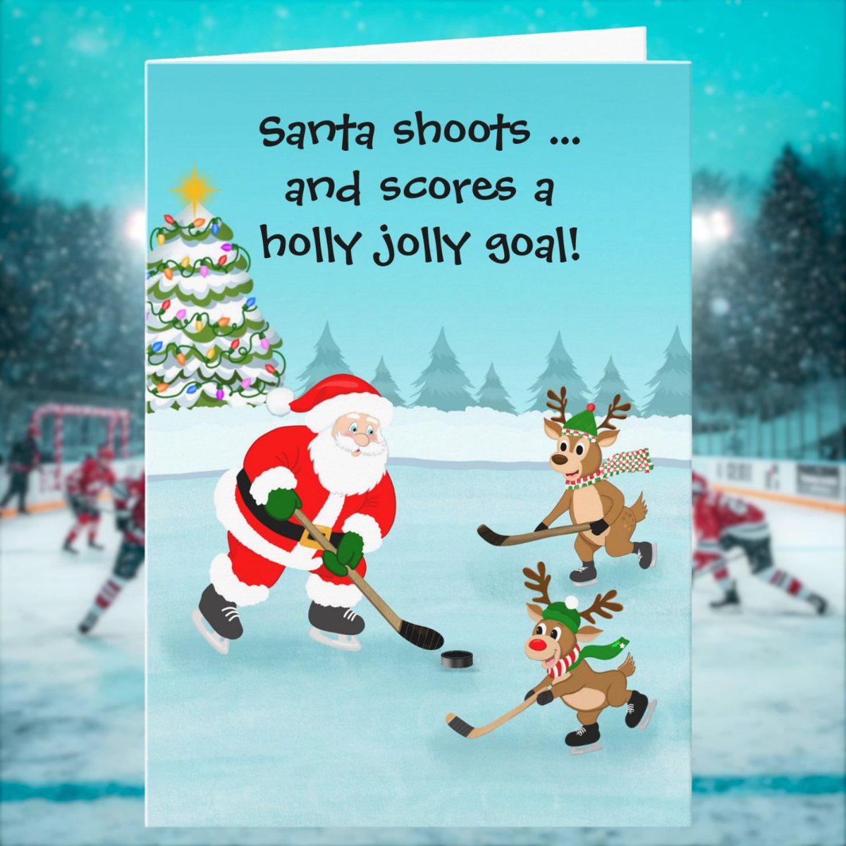 daphsam's tweet image. Santa Playing Hockey with Reindeer Christmas Card #santaclaus #icehockey #christmascard #zazzlemade zazzle.com/santa_playing_… via @zazzle