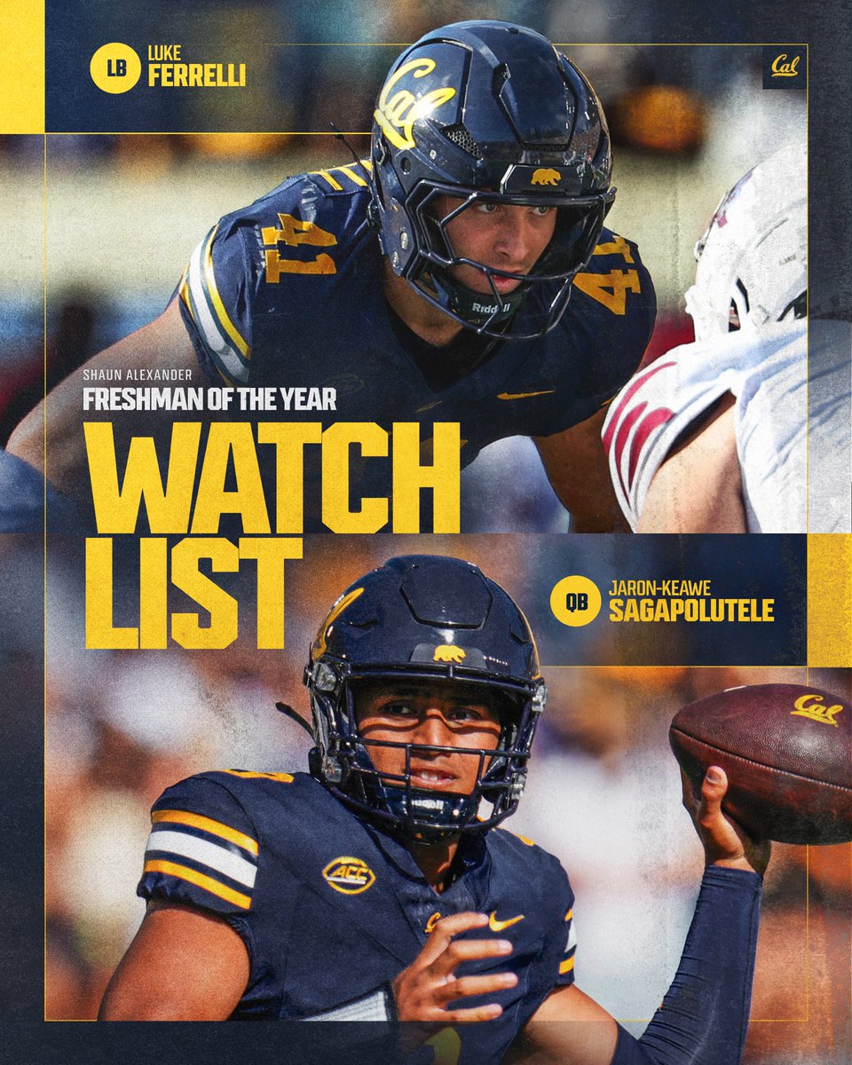 CalFootball's tweet image. Our guys @LukeFerrelli and @JaronKeawe have both been named to the Shaun Alexander Freshman of the year watch list 👊
#SmartAndTough #GoBears