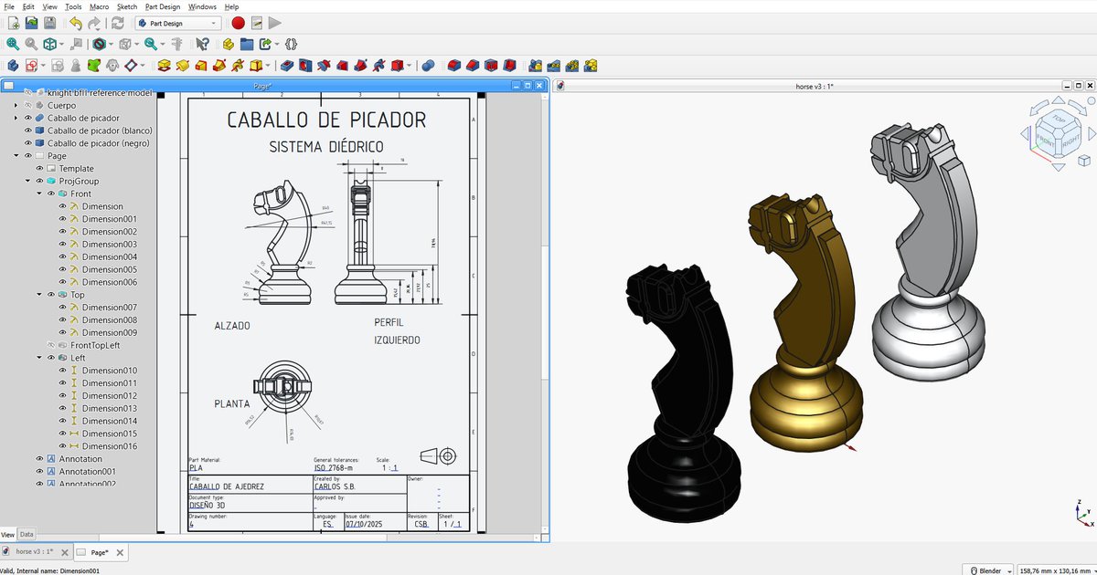 carloseducacyl's tweet image. 📐 Trabajo completo en #FreeCAD: diseño 3D y plano en sistema diédrico del Caballo de picador ♞
Incluye vistas, acotación y materiales.
Próximo trabajo para los alumnos del IES G. Torrente Ballester de Santa Marta (Salamanca)
@RaquelMartinCom #Torrentic