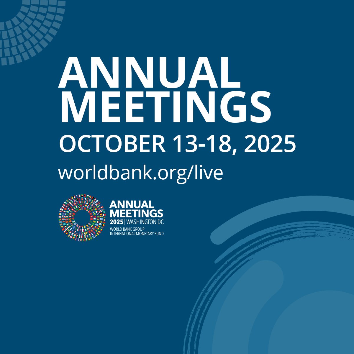 WBG_IDA's tweet image. From October 13-18, the World Bank Group gathers global leaders, civil society, private sector &amp;amp; academia to discuss the challenges facing global development.

You’re invited to join this year’s #WBGMeetings. Sign up for updates: wrld.bg/URvI50X6fwW