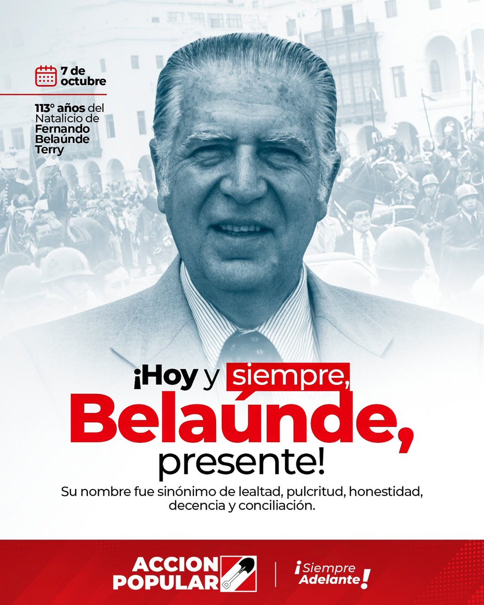 jchavezchiong's tweet photo. Feliz cumpleaños Pdte Fernando Belaunde Terry!!!
Hoy 07/10 se cumplen 113 años del natalicio del hombre de la Bandera, patricio de la democracia, 2 veces Pdte constitucional de la República, y fundador del glorioso partido @AccionPopular 
Adelante!

@AccionPopularOk https://t.co/rbgi733B1r