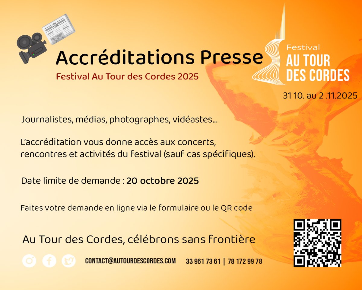 autourdesCordes's tweet photo. Accréditations Presse – Festival Au Tour des Cordes 2025
Date limite de demande : 20 octobre 2025
📷 Faites votre demande en ligne via le formulaire :
https://t.co/LUhvtAMSmQ

#SaintLouis #FestivalAuTourDesCordes #Musique #ATDC2025 #Festival https://t.co/tRwWxzydYC