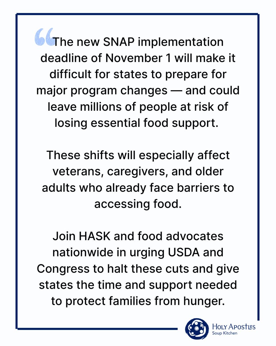Rushed SNAP cuts mean real people will go hungry.

#FRAC announced that states have until November 1 to implement SNAP changes

This deadline gives states no time to prepare, and families will pay the price. We stand with our neighbors and call for urgent action to protect #SNAP.