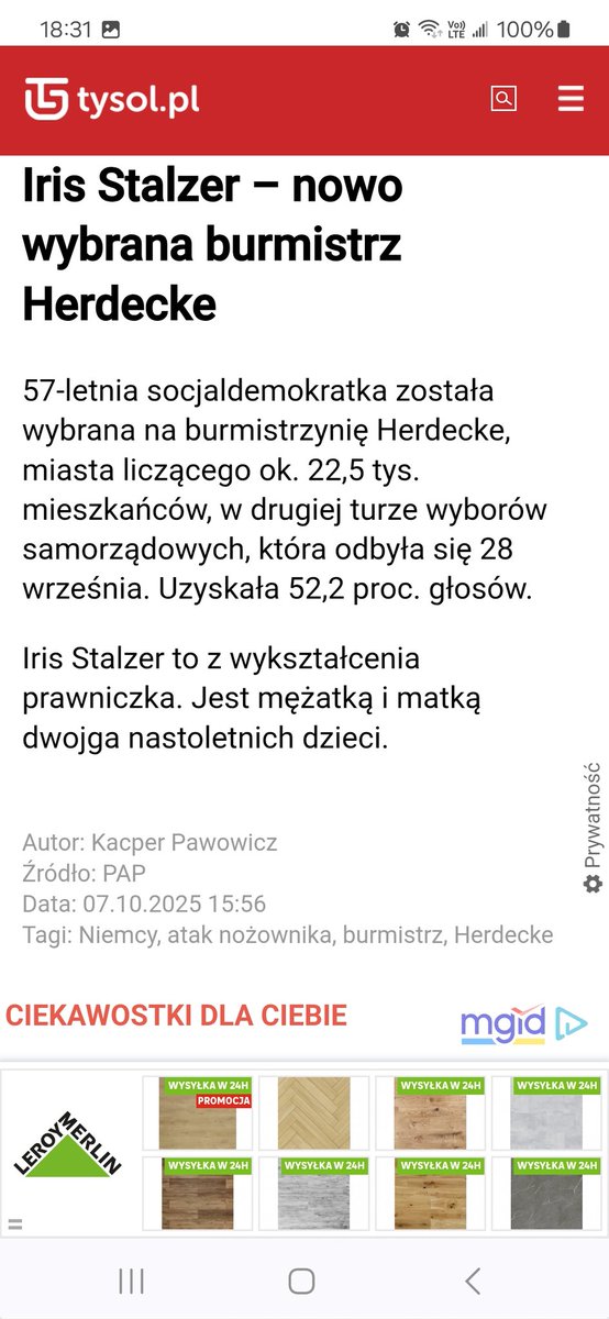 LadyInB43912586's tweet image. Nowo wybrana burm.🇩🇪miasta Herdecke w Zagłębia Ruhry,
Iris Stalzer,została dziś znaleziona w swoim mieszkaniu z ranami kłutymi.

Jej stan jest krytyczny-podała agencja #dpa 

Jak przewidujący był ostatni felieton Sz.Wodza @Tash_Witk, pt."Tombakowy kanclerz Niemiec"

Polecam!🤞📢