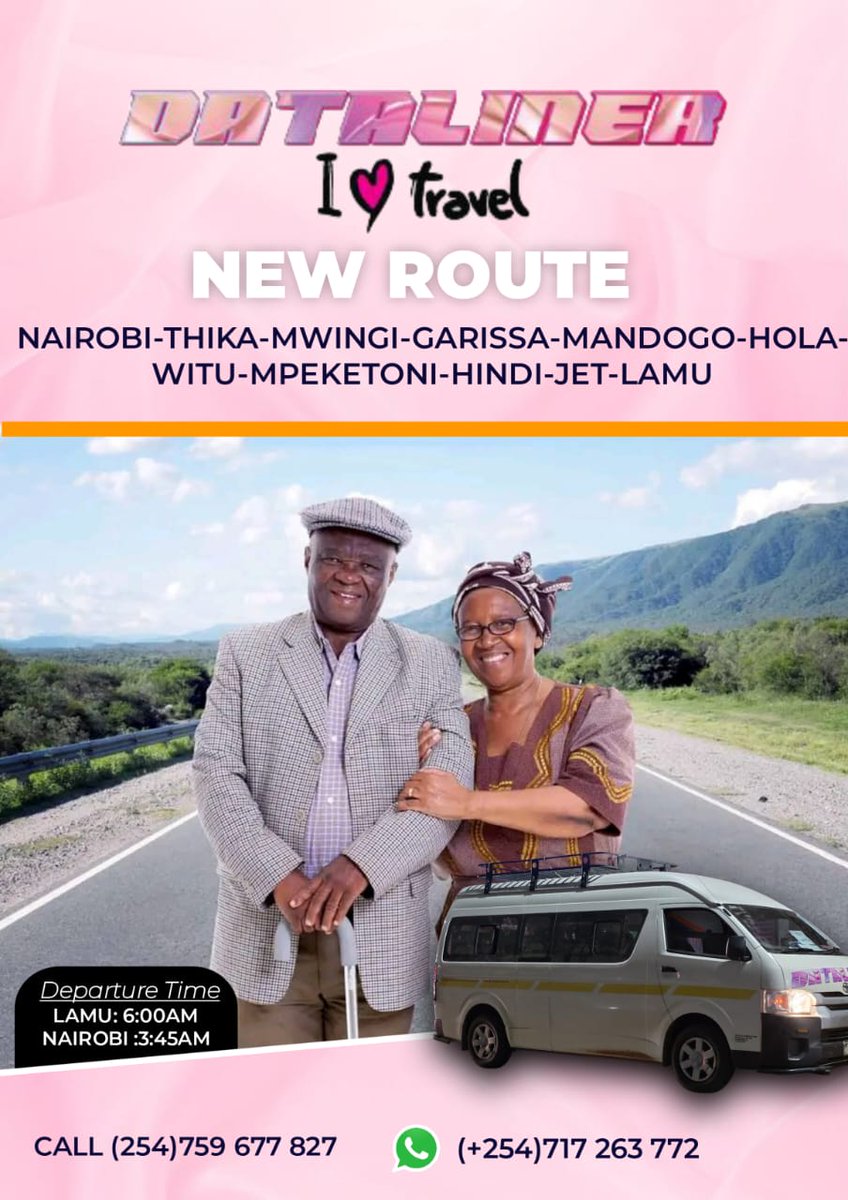 You can now travel from;
NAIROBI to LAMU, through THIKA, MWINGI, GARISSA, MANDOGO, HOLA, WITU, MPEKETONI, HINDI for as low as Ksh.2300.

Book your tickets through;
📞Call: 0759 677 827, 0720728967.
WhatsApp: +254 717 263 772.
Or reach out to us through our inbox/DM.