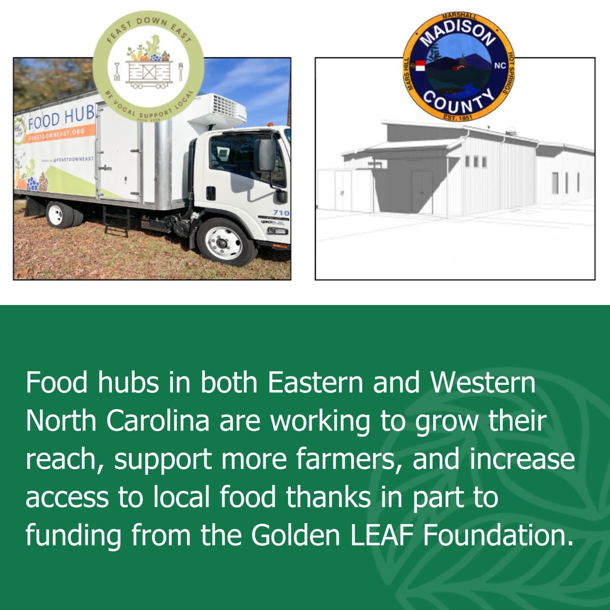 🌾 Exciting news for #NCagriculture! Golden LEAF is proud to support the expansion of food hubs in eastern and western NC, creating new opportunities for our local farmers and food entrepreneurs. Read more: goldenleaf.org/eastern-and-we… 
#NCagriculture #LocalFarms
