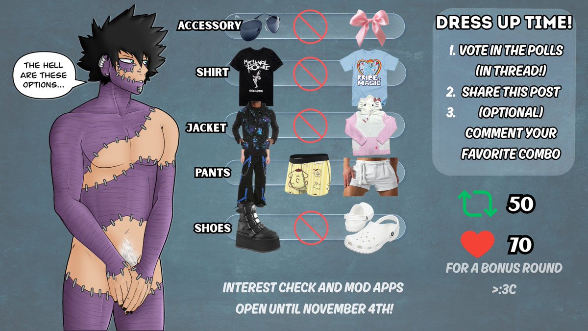mercurialzine's tweet photo. 🔹🔷PUT SOME CLOTHES ON WOULD YOU?🔷🔹

Time to dress Dabi up! What'll it be today, cool or cute? Vote in the polls below 🧵 and share!

At 50 🔁and 70 ❤️ we'll do a bonus round with the final outfit 👀

Closes on the 14th October~

(Also psst, Interest check + Mod apps open!) https://t.co/SvlNrFatQa