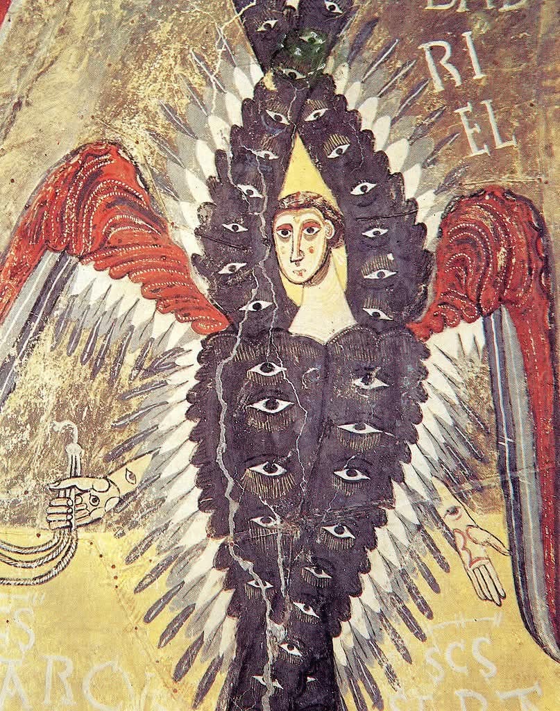 archaeologyart's tweet image. Seraph (detail from the apse mural). Date: late 12th century AD. Medium: fresco transferred to canvas. Collection: Museu Nacional d’Art de Catalunya, Barcelona.