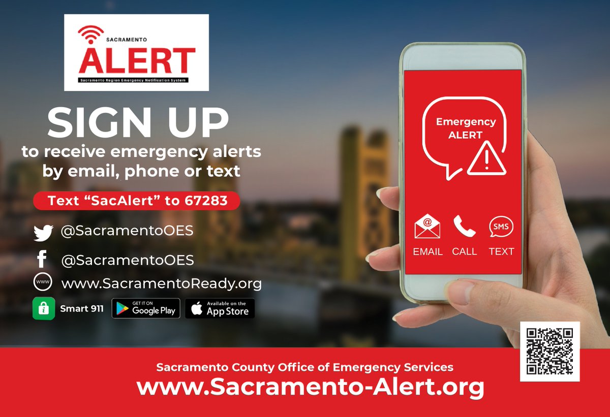 SacramentoOES's tweet image. This Thursday @ 10:16 AM – We will conduct the 10th Annual Sacramento Alert Test.
Alerts go by phone, text, or email during disasters. Sign up: Sacramento-Alert.org
Download Smart911 for push notifications on Apple and  Android devices.
#SacramentoReady #TestAlert