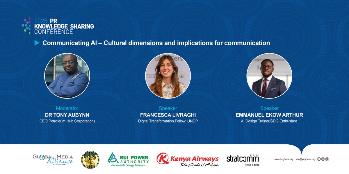 “Africa must shape its own AI story not just consume it. Representation, ethics &amp; voice matter.”

#PRKSC2025 #IPRGhana #AI #CulturalIntelligence #DigitalTransformation #FutureofPR #Africa