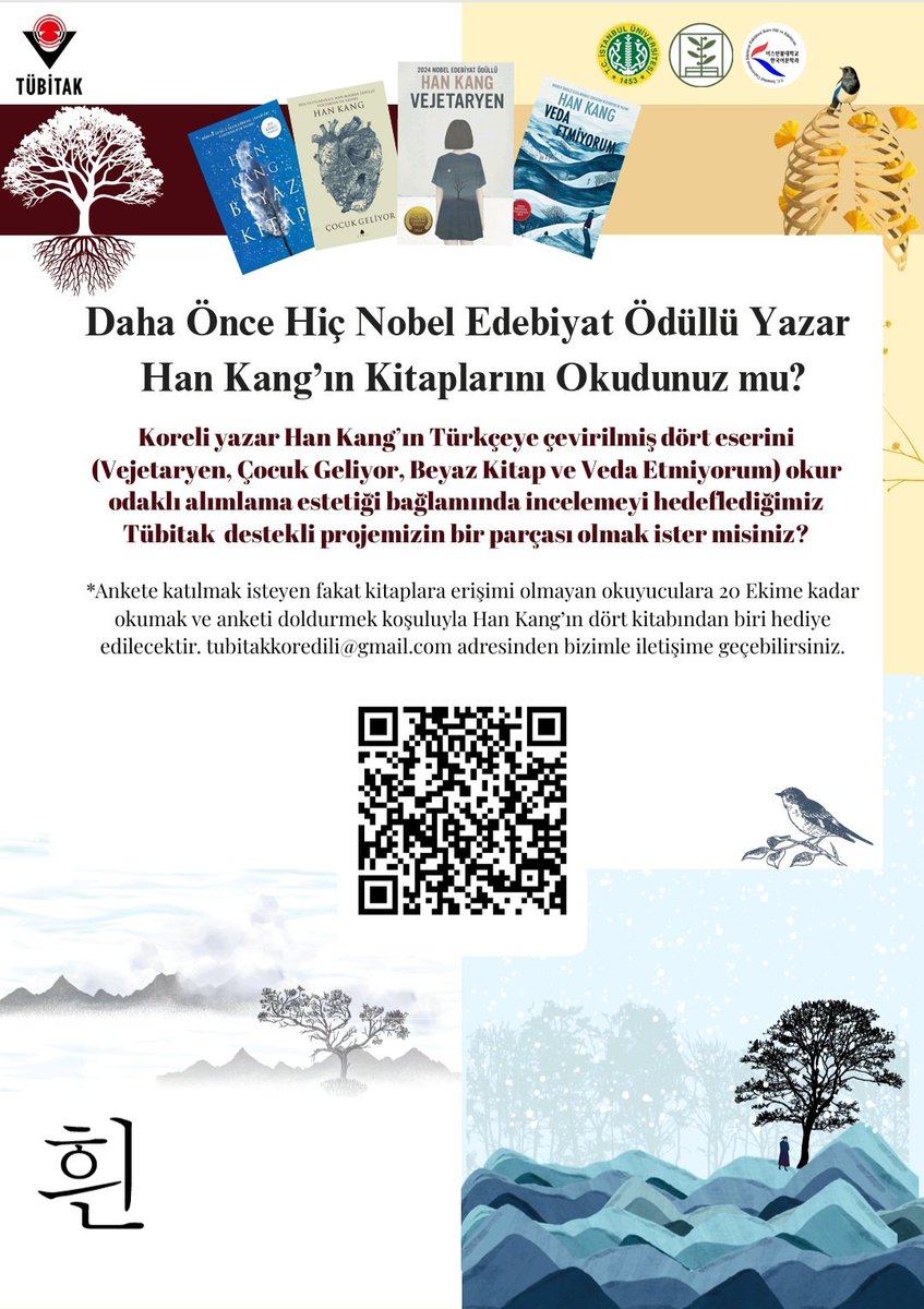 Anabilim Dalı öğrencilerimizin "TÜBİTAK 2209-A Üniversite Öğrencileri Araştırma Projeleri Desteği Programı" kapsamında yaptıkları çalışmaya tüm Han Kang severleri bekliyoruz.