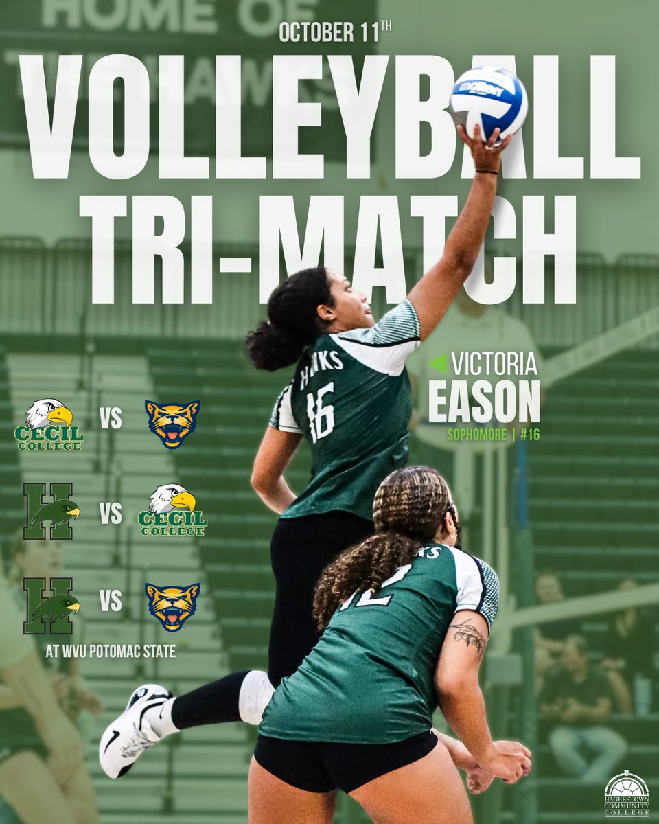 CLASH ON THE MOUNTAIN.

🏐HCC Volleyball Tri-Match (at Potomac State)
📆TONIGHT-Saturday, October 11th, 2025
⏰HCC games begin at 2PM
🆚Cecil College &amp; Potomac State @pscathletics @cecilathletics
🏟 Lough Gymnasium
📍101 Fort Avenue. Keyser, WV 26726
💻potomacstatesports.com/fan-zone/gamed…