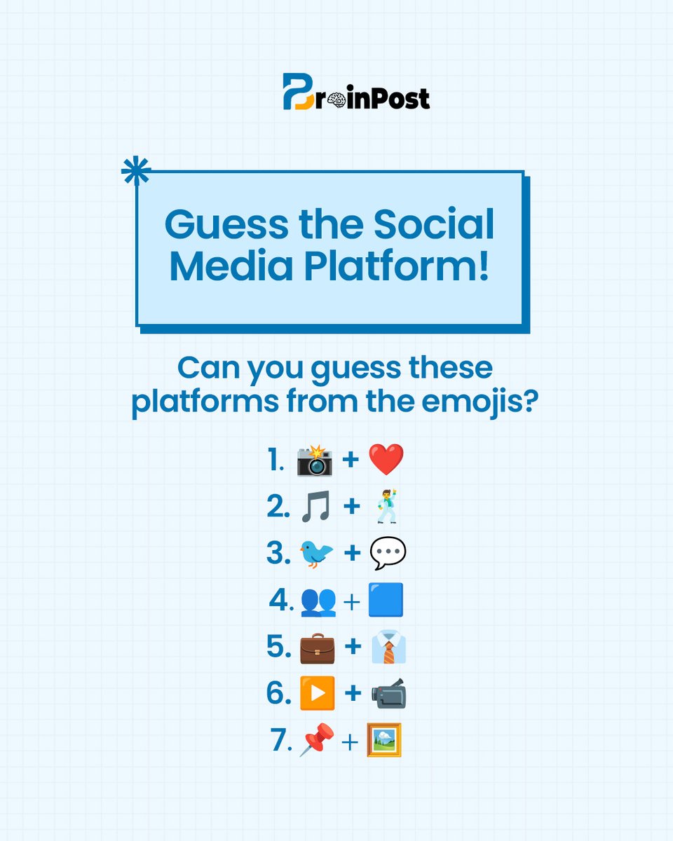 brainpostio's tweet photo. Can you crack the emoji code? 🔍
Guess which social media platforms are hidden in each clue!

Drop your answers in the comments and tag a friend who loves a challenge. Let’s see who gets them all right!

#SocialMediaQuiz #Brainpost #GuessThePlatform #EmojiChallenge #CommunityFun https://t.co/JgA6zqVWks
