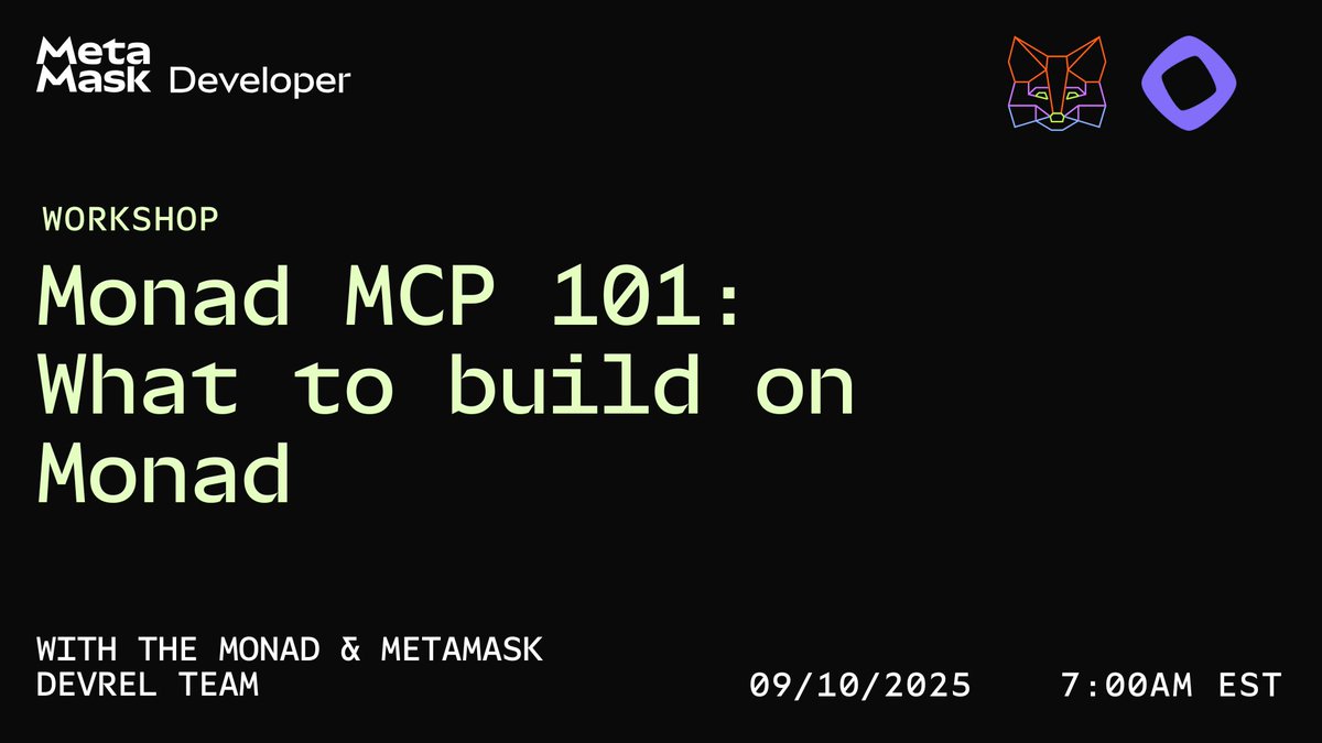 Join us this Thursday for a @Monad MCP 101 workshop at 7am EST with the Monad and 🦊 DevRel team.

-Learn how @Monad’s Modular Compute Protocols (MCPs) power the next wave of AI and agent-based tools.
-Discover how to integrate and use existing MCPs.
-Explore current RFPs from