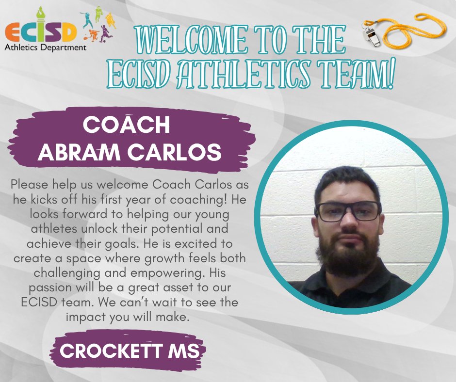 ECISDAthletics's tweet photo. Welcome Wednesday 🎉Please help us give a warm
@EctorCountyISD
welcome to one of our newest team members! We're excited to have Coach aboard and look forward to the impact he will make with our student-athletes! #WinEverywhere #TeamECISD
@KeeleySBoyer
@CrockettColts @OHSBronchoFB https://t.co/RzFvKvNamy