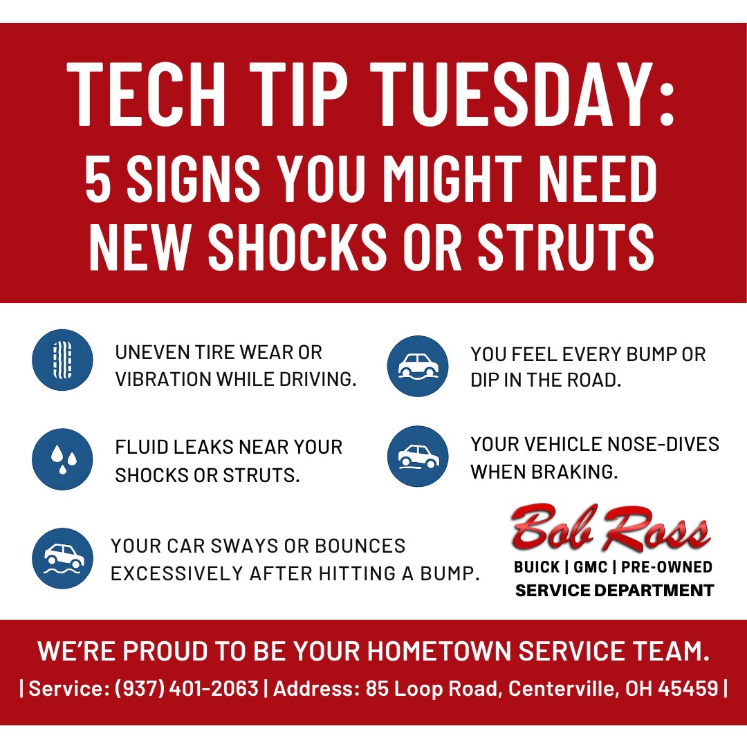 BobRossBuickGMC's tweet image. 🚘 Tech Tip Tuesday: 5 Signs You Need New Shocks/Struts! 1. Nose-dives 2. Bumpy ride 3. Uneven wear 4. Leaking fluid 5. Bouncing. 💡 Smooth ride = safer vehicle. 👉 Schedule your Certified Service! 🔗 bobrossbuickgmc.com/buick-schedule… #BobRossAuto #CertifiedService #TechTipTuesday