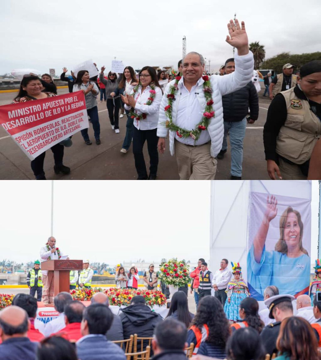 CesarSandovalP's tweet photo. El gobierno de la presidenta Dina Boluarte tiene una clara política de modernización portuaria y logística del país. En esa línea de gestión, hoy estamos en Ilo, Moquegua, para anunciar el inicio de la ejecución del proyecto de modernización del Terminal Portuario de Ilo, gracias a una inversión de S/ 752 millones que beneficiará a toda la macroregión sur. Nada ni nadie nos va a parar porque avanzamos a paso seguro por el desarrollo de nuestro Perú.