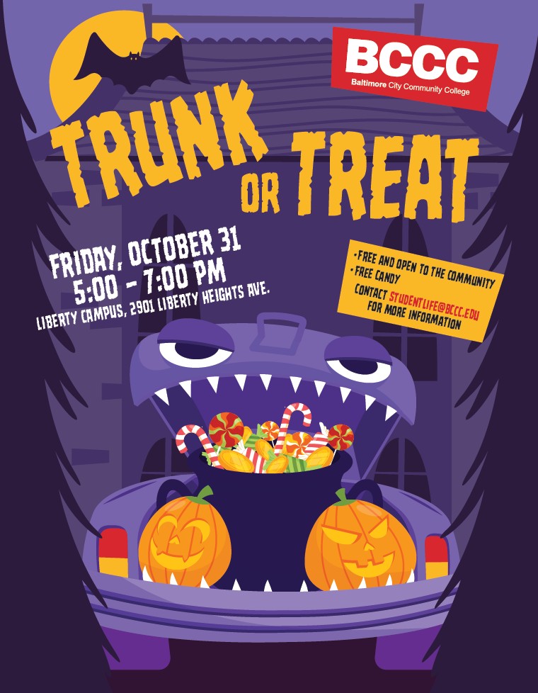 my_bccc's tweet image. Join us for Trunk or Treat on Friday, October 31 from 5 - 7:00 pm at the Liberty Campus, 2901 Liberty Heights Avenue. This event includes free candy and is open to the community. #BCCC #Halloween #TrunkorTreat