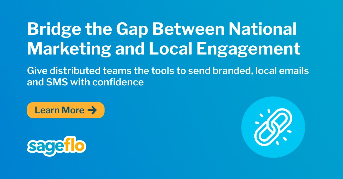 sageflo's tweet image. Bridge the gap between national marketing and local engagement. 

Give distributed teams the tools to send branded, local emails and SMS with confidence.

Learn more: bit.ly/4gXfdOm

#distributedmarketing #emailmarketing #cx #digitalmarketing #localmarketing #email #sms