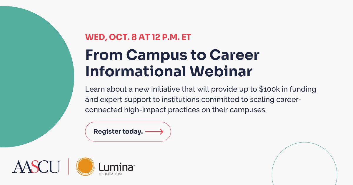 AASCU (@aascu) on Twitter photo AASCU and <a href="/LuminaFound/">Lumina Foundation</a> are partnering to help campuses scale career-connected high-impact practices such as internships, research, and service learning to prepare students for meaningful careers.
Register for tomorrows webinar: tinyurl.com/mr2v988r
#HigherEd #CareerReadiness AASCU and <a href="/LuminaFound/">Lumina Foundation</a> are partnering to help campuses scale career-connected high-impact practices such as internships, research, and service learning to prepare students for meaningful careers.
Register for tomorrows webinar: tinyurl.com/mr2v988r
#HigherEd #CareerReadiness
