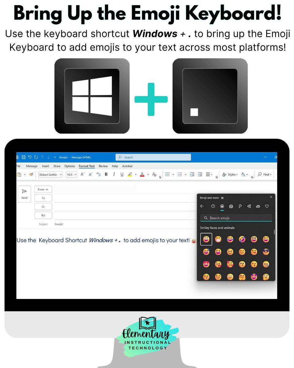 kisdelemtech's tweet image. #TechTipTuesday for Windows Users: Did you know you can press Windows + . (period) to open the built-in emoji keyboard? 😍🎉 It’s perfect for adding emojis, symbols, or even GIFs to your emails, chats, or classroom posts 🎓💬✨