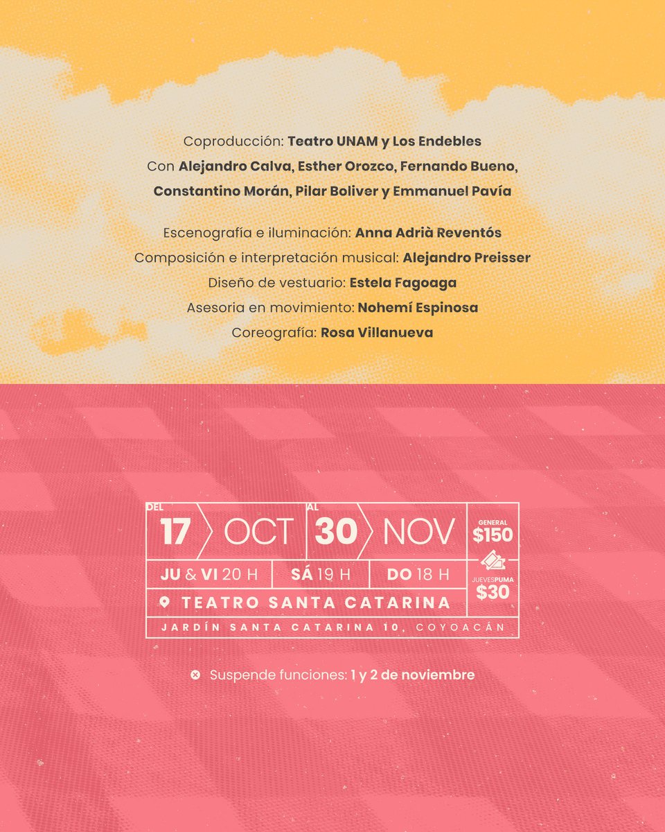 Teatro UNAM (@teatrounam) on Twitter photo Una farsa surrealista, ácida y sumamente actual en EL ADIÓS 🧳, una coproducción de Teatro UNAM y <a href="/Endebles/">Cía. Los Endebles</a>.
🔹 De Mireille Bailly, dirección Boris Schoemann
✨ Con: <a href="/CalvActor/">Alejandro Calva.</a>, Esther Orozco, <a href="/arteferbueno/">Fernando Bueno</a>, Constantino Morán, <a href="/PilarBoliverJ/">Pilar Boliver</a> y Emmanuel Pavía. Una farsa surrealista, ácida y sumamente actual en EL ADIÓS 🧳, una coproducción de Teatro UNAM y <a href="/Endebles/">Cía. Los Endebles</a>.
🔹 De Mireille Bailly, dirección Boris Schoemann
✨ Con: <a href="/CalvActor/">Alejandro Calva.</a>, Esther Orozco, <a href="/arteferbueno/">Fernando Bueno</a>, Constantino Morán, <a href="/PilarBoliverJ/">Pilar Boliver</a> y Emmanuel Pavía.