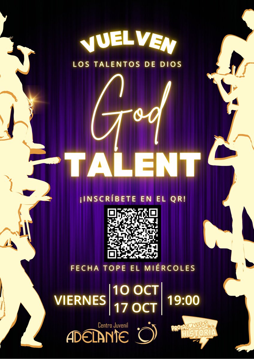 ¡Inscribete para articipar en el God Talent! 
Será el viernes 10 de octubre.

Importante:
No más de 1:30 min
Si actuáis en grupo, solo 1 persona rellena el formulario con los nombres del resto
Abierto hasta el miércoles

¡Anímate y demuestra tu talento!
#protagonistasdelahistoria