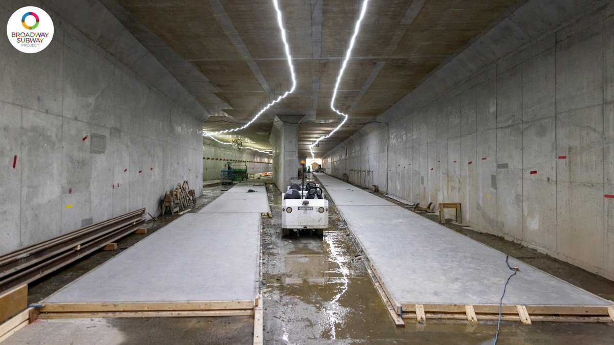 Inside Arbutus Station, crews are building the concrete base for the SkyTrain tracks.

Next, workers will install metal fasteners on the completed concrete base, which will hold the rail in place.