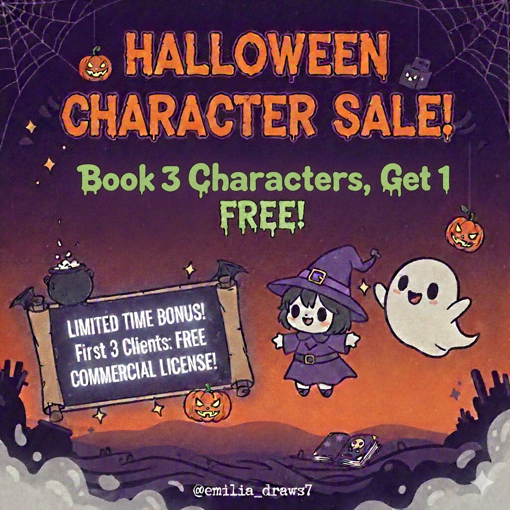 emilia_rhodess's tweet image. 🎃 AUTHORS: HALLOWEEN SALE! 👻
Book 3 Characters, Get 1 FREE!
Plus, the First 3 Clients get a FREE COMMERCIAL LICENSE for their book covers!
DM to book!
➡️ Follow my art on TikTok: @emilia_draws7
#BookCoverDesign #CharacterArtist #Authors #SelfPub #ArtCommissions