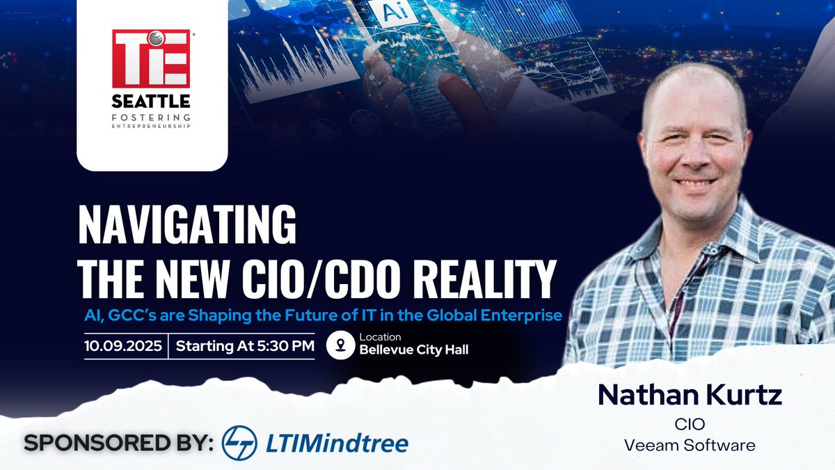 ⏳ 2 days to go!
Don’t miss Nathan Kurtz, CIO at Veeam Software, at Navigating the New CIO/CDO Reality: AI &amp; GCCs Shaping the Future of IT.
Limited seats left — join top tech leaders Oct 9, 5:30 PM, Bellevue City Hall.

🔗 events.tie.org/NavigatingtheN…

#CIOEvent #AI