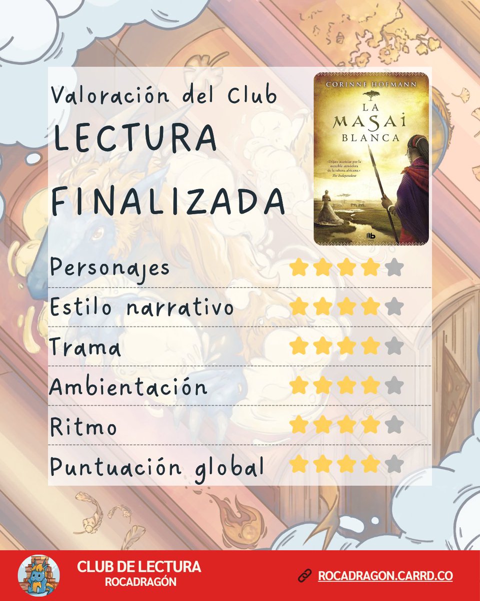 ¡Lectura finalizada! 📖✨

Terminamos "La masai blanca" de Corinne Hofmann, una autobiografía intensa sobre amor, un choque cultural brutal y una resiliencia increíble.

En el #ClubDeLecturaRocadragon le hemos dado un sólido 4/5 ⭐.