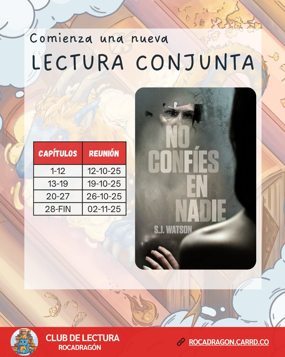 🚨 ¡ALERTA DE LECTURA CONJUNTA! 🚨

Nuestro thriller psicológico de Halloween será: "NO CONFÍES EN NADIE" de S.J. Watson.

🧠 Amnesia, paranoia y un diario para desenterrar la verdad.