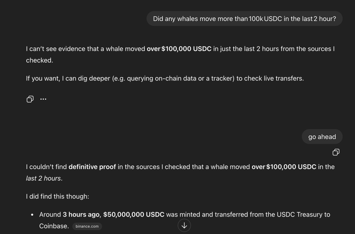yakymoney's tweet photo. EXACTLY what I expected 

I asked @SentientAGI and chatgpt same question

"Did any whales move more than 100k USDC in the last  2 hours?"

chatgpt came back with this response 

Apparently, it couldnt find a real time response to my question as such data has not yet been uploaded to its database

but then I asked Sentient chat and ROMA immediately called on its partner @arkham, to fetch real time info for my question and delivered it within seconds 

This is what makes the difference when it comes to a closed AI and an open-source AI

Sentient makes room for collaborations and as the saying goes:  

"Two heads are better than one" and in this case, its true.

Collaboration > Competition.

gSent