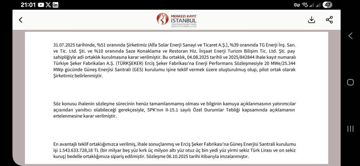 #alfas
Ortaklık (Alfa Solar -%51 / TG Enerji - %39 /Saze Konaklama -%10) olarak TÜRKŞEKER'in Erciş Şeker Fabrikası GES projesi ihalesini 1,54 milyar TL bedelle kazanmış👉