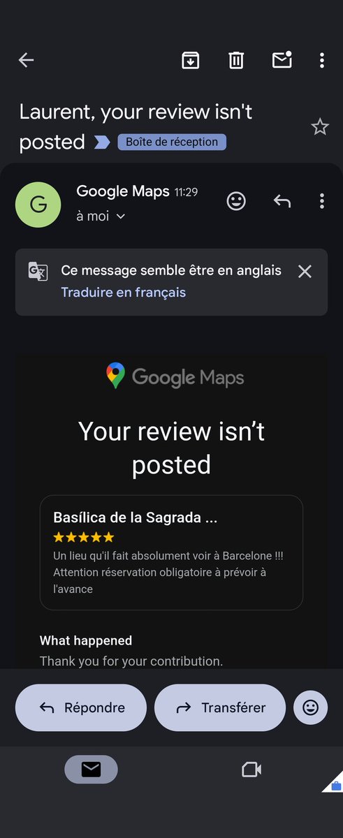 Le bot de <a href="/googlemaps/">Google Maps</a> a décidé de strike toutes mes reviews 5 étoiles pour faux engagement. C'est clair que c'est mon fervent catholicisme qui m'a poussé à conseiller de réserver pour visiter la Sagrada Familia.
Vivement que tout soit géré par IA, ça va être un joyeux bordel.