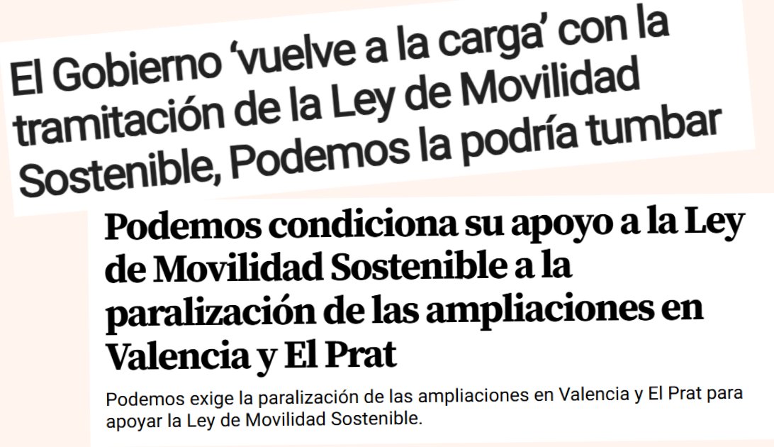 4⃣<a href="/PODEMOS/">Podemos</a> (<a href="/ionebelarra/">Ione Belarra</a> ) avisa: sin paralizar las ampliaciones del Puerto de València y del Aeropuerto del Prat la ley no vale, y no la apoyarán. Promocionar las bicis, puntos de recarga eléctricos y el tren está bien pero es papel mojado sin parar los atentados ambientales ⬇️