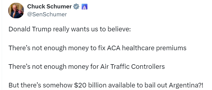 Me da la impresión que los "garantes" de <a href="/JMilei/">Javier Milei</a> y
<a href="/LuisCaputoAR/">totocaputo</a> en el país del Norte, tienen algunos obstáculos para atravesar antes de concretar "el ayudín" al gobierno libertario. 

Digo por este tuit del jefe demócrata del Senado 👇