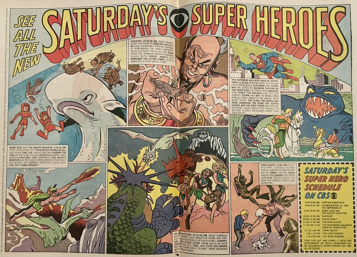 David_Tipton's tweet photo. CBS's Saturday-morning cartoon lineup for 1967: Captain Kangaroo,  Frankenstein Jr. and The Impossibles, Moby Dick and The Mighty Mightor,  Shazzan!, Space Ghost, The Herculoids, The Superman-Aquaman Hour of  Adventure, Jonny Quest, The Lone Ranger, and The Road Runner. https://t.co/KDGA0I4WWG