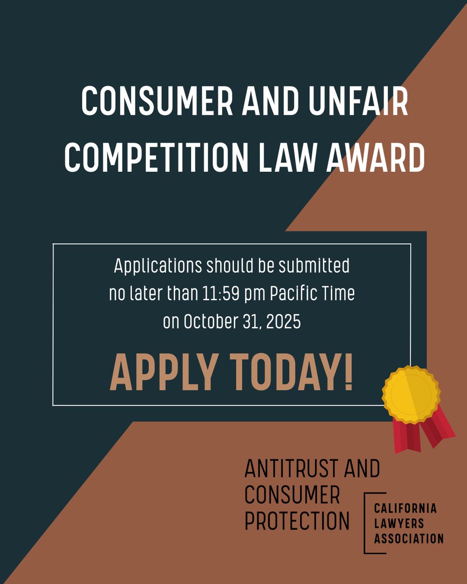 CLAAntitrust's tweet image. 🏆 Now Accepting Nominations!

The Antitrust and Consumer Protection Section is pleased to announce the second annual award to recognize outstanding achievements in the practice of consumer and unfair competition law!

Learn more/submit a nomination here: bit.ly/3Kxrptj