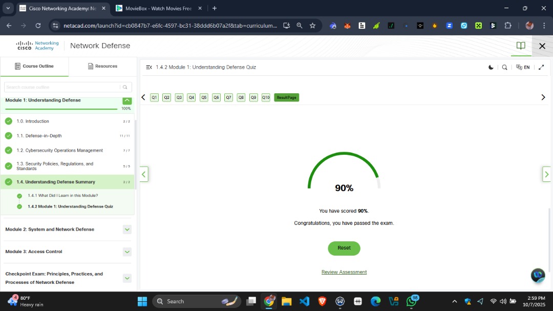 coder_z_'s tweet image. Day 48/180 🔐
With @CiscoNetAcad today I dove deeper into Network Defense: assets, vulnerabilities, threats, asset lifecycle, and Defense-in-Depth. Worked with a protocol analyzer and passed the test! ✅
@the_cybrarians
#180DaysChallenge #Cybersecurity #NetworkDefense