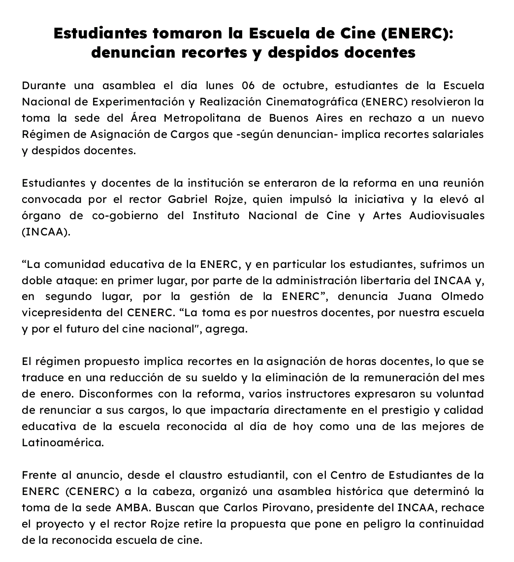 Emiliano451's tweet photo. Comunicado sobre la toma de la Escuela Nacional de Experimentación y Realización Cinematográfica (#ENERC) a raíz de una reforma impulsada por las autoridades de la institución, en articulación con la administración del #INCAA, con recortes salariales y despidos docentes https://t.co/Ft0qhR2k29