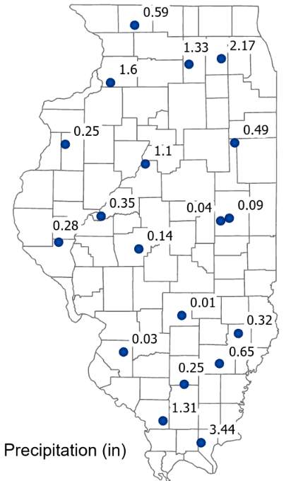 WARM_ISWS's tweet photo. Much needed rain yesterday and this morning. Highest totals were in the northeast and south. But much more is needed. Champaign county is in severe drought -- stations there recorded < 0.1". #ilwx #morerainplease https://t.co/fr4C9vcBGD
